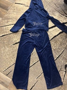 Juicy Couture Navy Velour Hooded Pajama Set with Rhinestone Logo